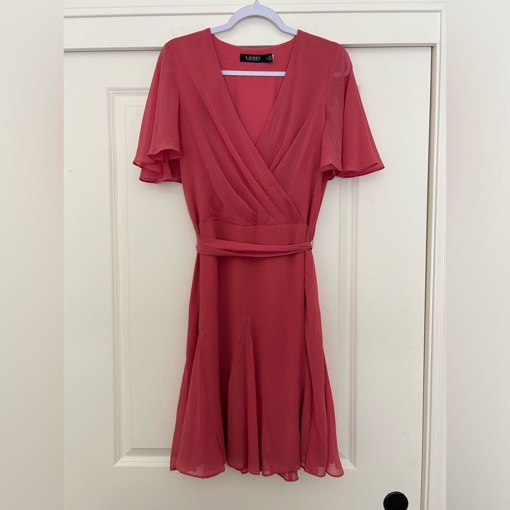 Ralph Lauren Rose Crinkle Georgette Surplice Dress (Size 12) - Picture 5 of 11